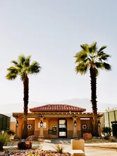 Edificio con dos palmeras al frente en día soleado