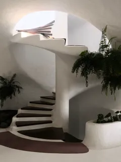 Escalera en casa con planta decorativa en esquina