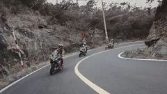 Motociclistas en curva cerrada de carretera rodeada de vegetación